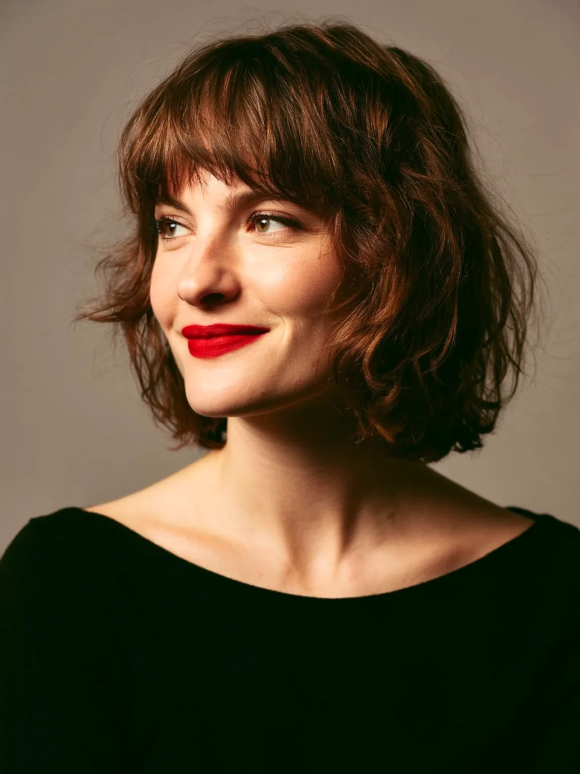 Versatile Warm Chestnut Brown Textured Bob with Wispy Bangs